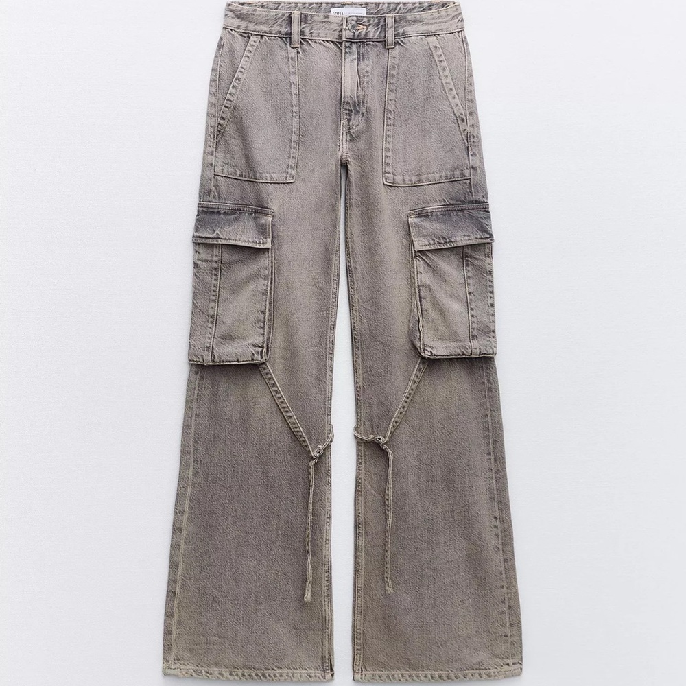 Zara Taupe Cargo Wide-Leg Jeans